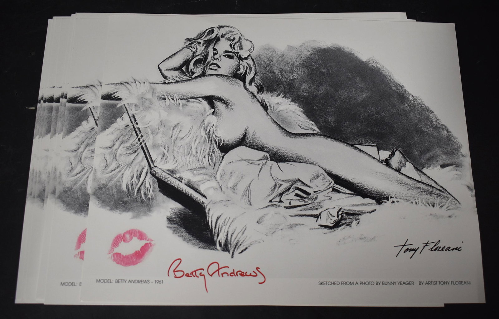 (10) 14x11 Model Betty Andrews. By Artist Tony: (10) 11x14 Model Betty Andrews. Sketched From a Photo By Bunny Yeager. By Artist Tony Floreani. Signed Betty Andrews & Lipstick Kiss.