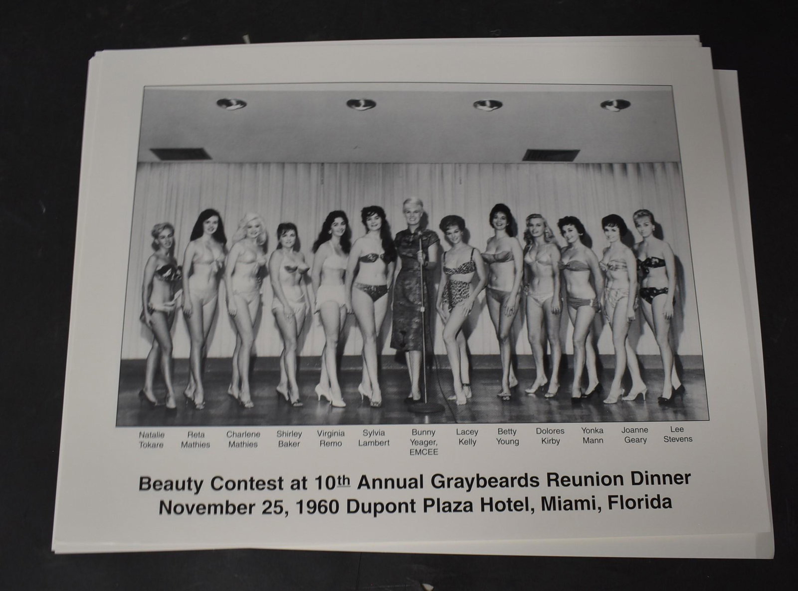 (10) 14x11 Photo Beauty Contest 1960.: 10th Annual Beuaty Contest, Graybeards Reunion Dinner. 1960 Dupont Plaza Hotel, Miami, Florida. Models Names Listed on Photo. Bunny Yeager EMCEE.