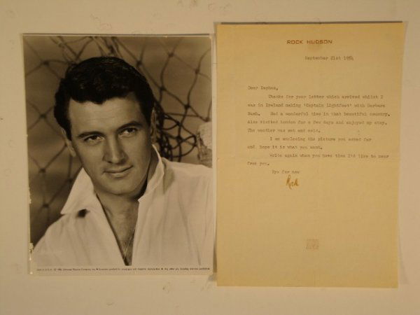 ROCK HUDSON LETTER SIGNED AND PHOTO: On Rock Hudson stationery dated Sept. 21, 1954 Thanks for your letter which arrived whilst I was in Ireland making Captain Lightfoot with Barbara Rush………Bye for now. Signed Rock in the same gold