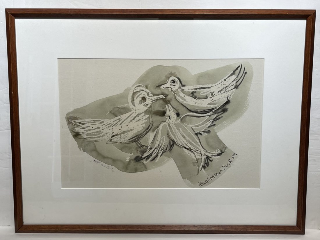 Konrad Kramer; 20thC. Modernist Watercolor Signed: Watercolor on paper. Bird Control. Signed, inscribed with title and dated Dec. 5, '52. Estate of Charles Rosen Woodstock, NY; 11in. X 17in.(image)