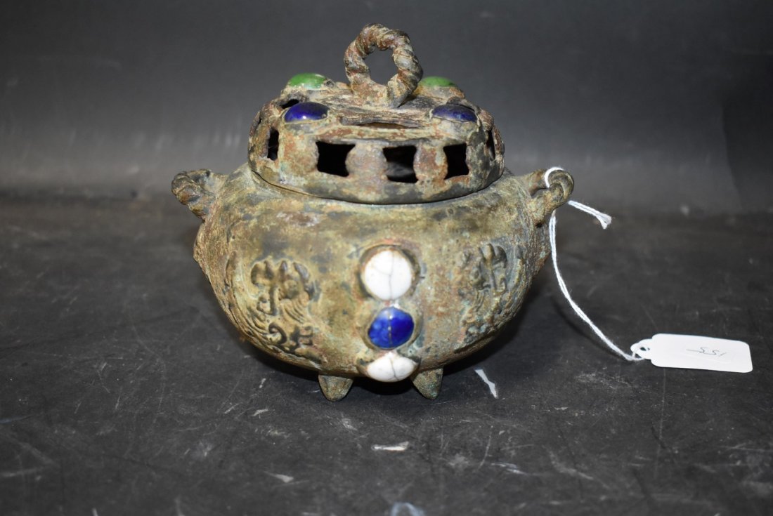 Ancient Korean Rarity Jeweled Silver Censor: As excavated, never even washed and that is mostly hiding its details and merits.From the Unified Silla Dynasty, 676 AD - 935 AD,, a unique and highly individual jeweled silver censor. This could clea