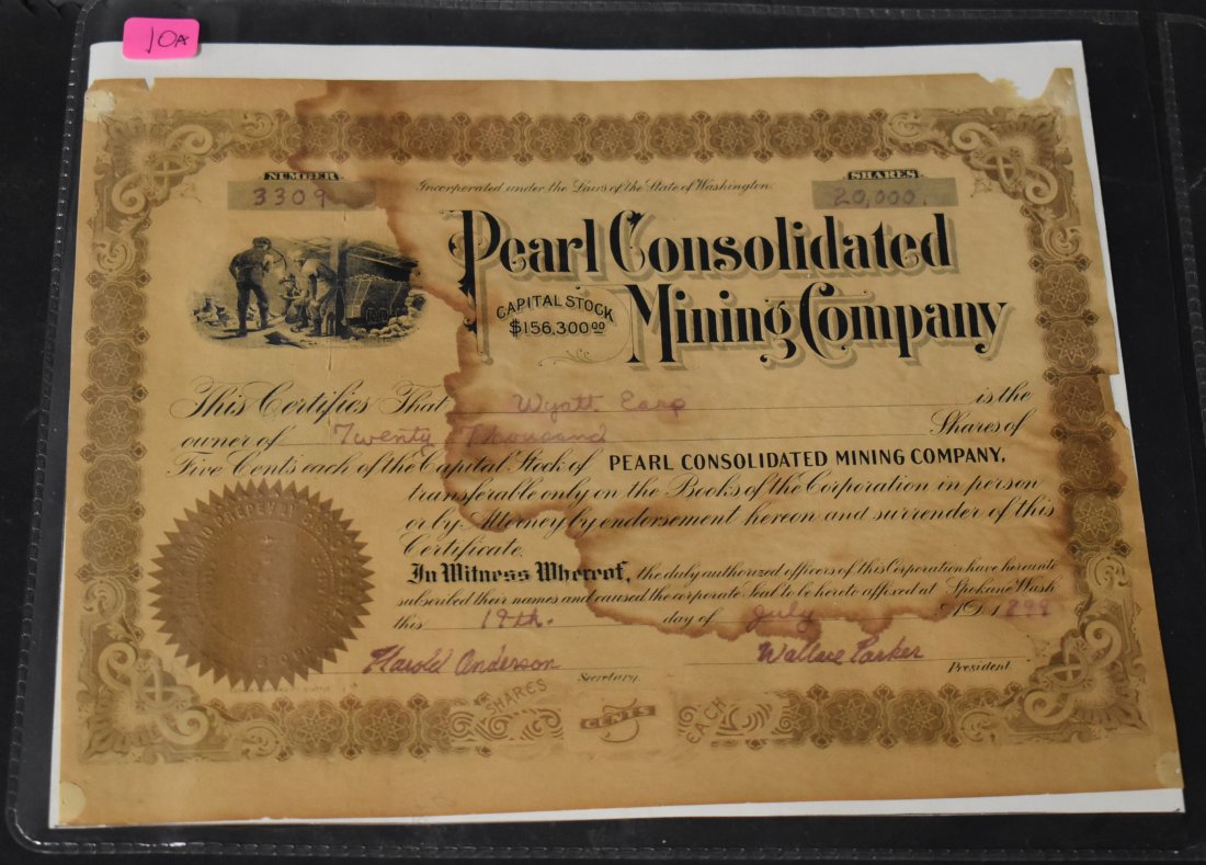 Wyatt Earp's Stock Certificate Pearl Mining Co. (1 of 3)