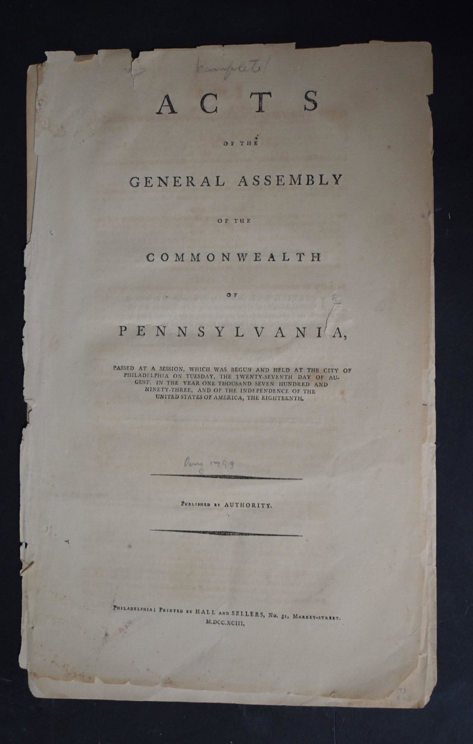Acts of the Pa. General Assembly 1793: Complete. Pages are loose.