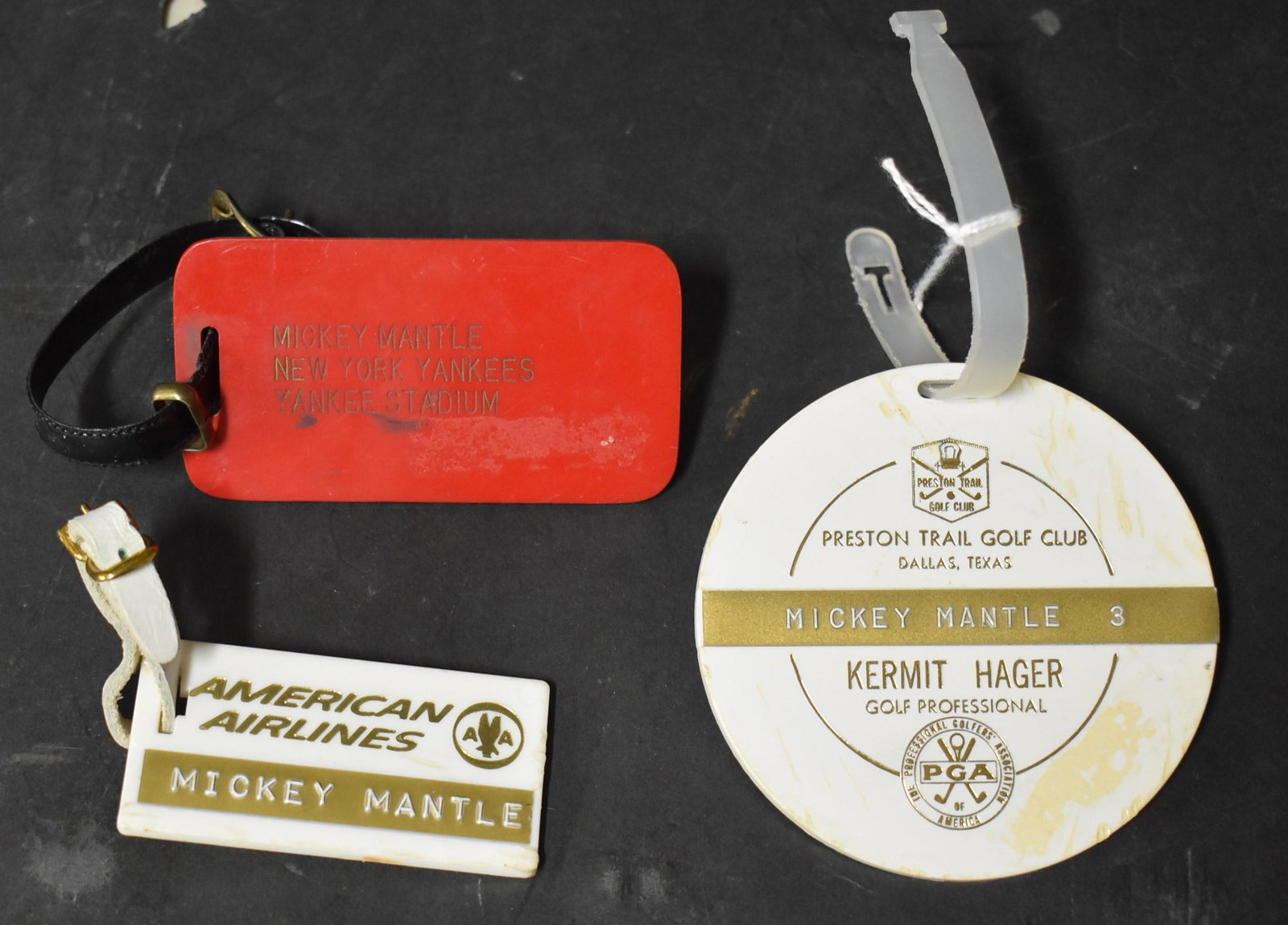 Mickey Mantle Luggage Tags (3): Custom made for Mantle. TWA Sportsman on the Move, American Airlines, & Preston Trail Golf Club.
