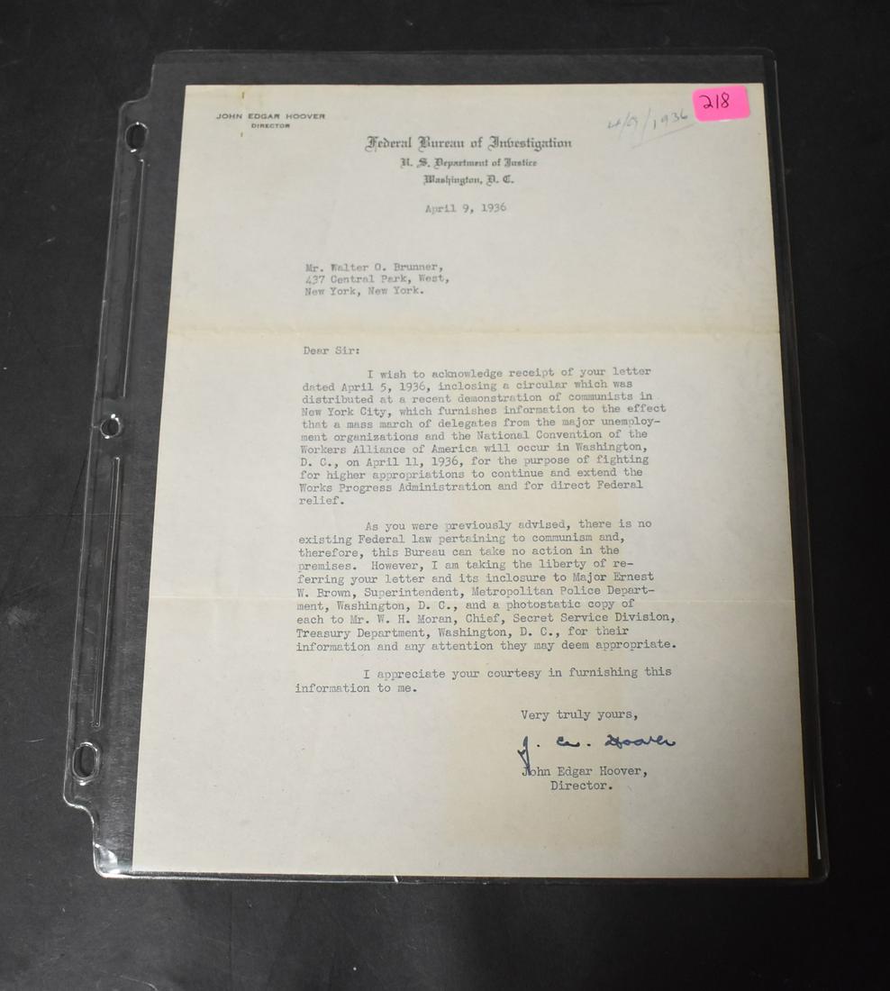 J. Edgar Hoover Letter w/ Sig. (1 of 2)