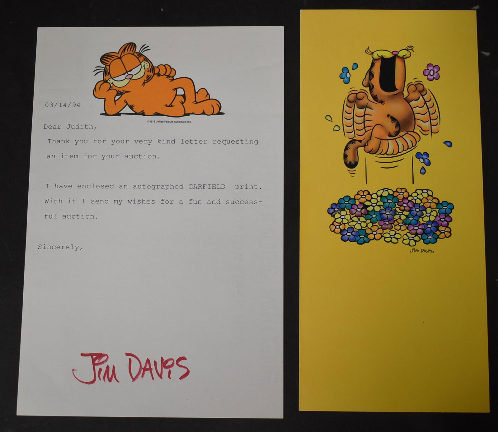 Jim Davis Autographed Print of Garfield: Garfield the letterhead for 1994 TLS to a fan, fulfilling her request. 5.5 x 8.5. Included is a second print of Garfield.