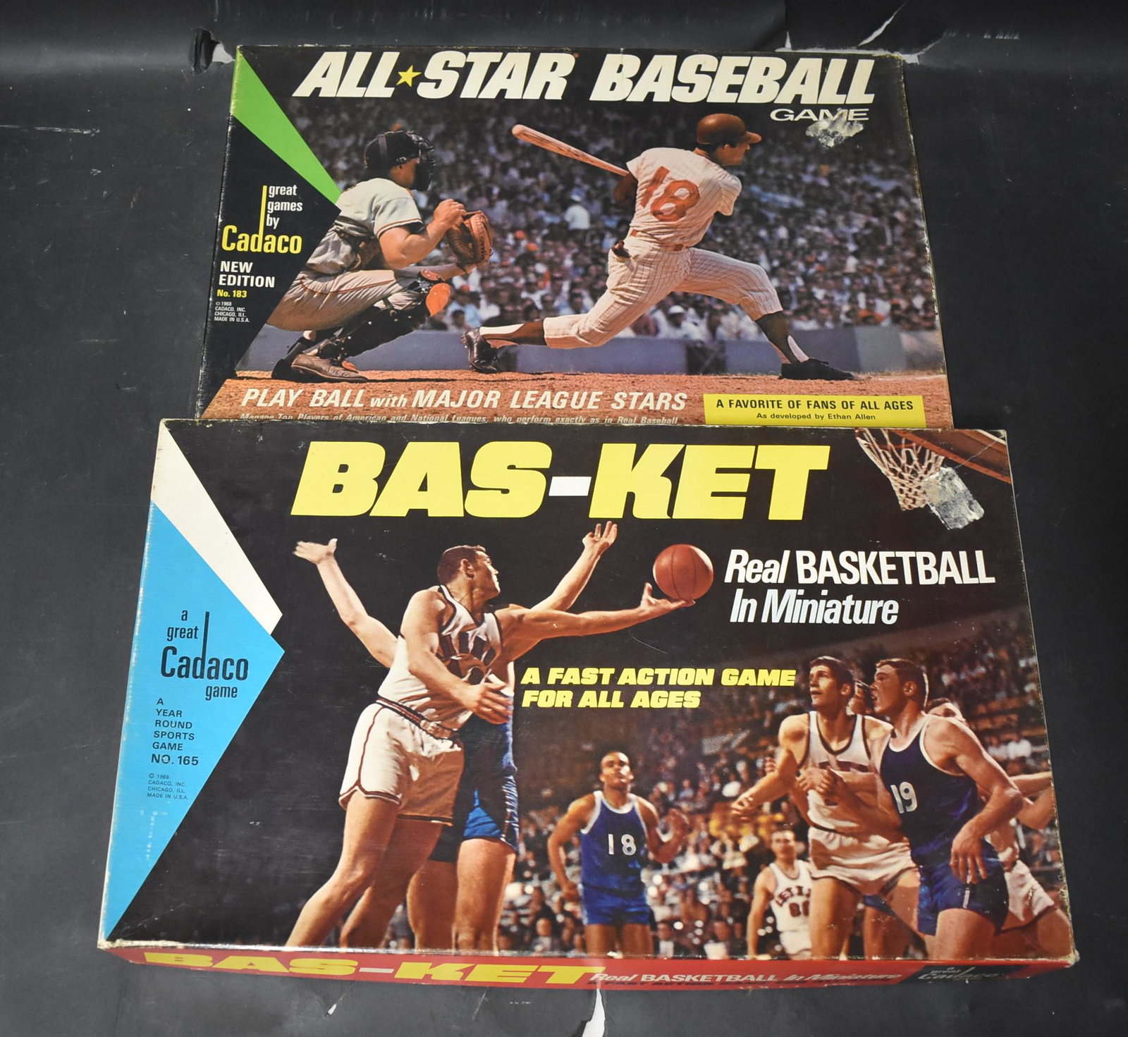 Sports Board Games (2): AllStar Baseball Game by Cadaco, Inc. (1968), and BASKET, Real Basketball in Miniature by Cadaco, Inc. (1969).