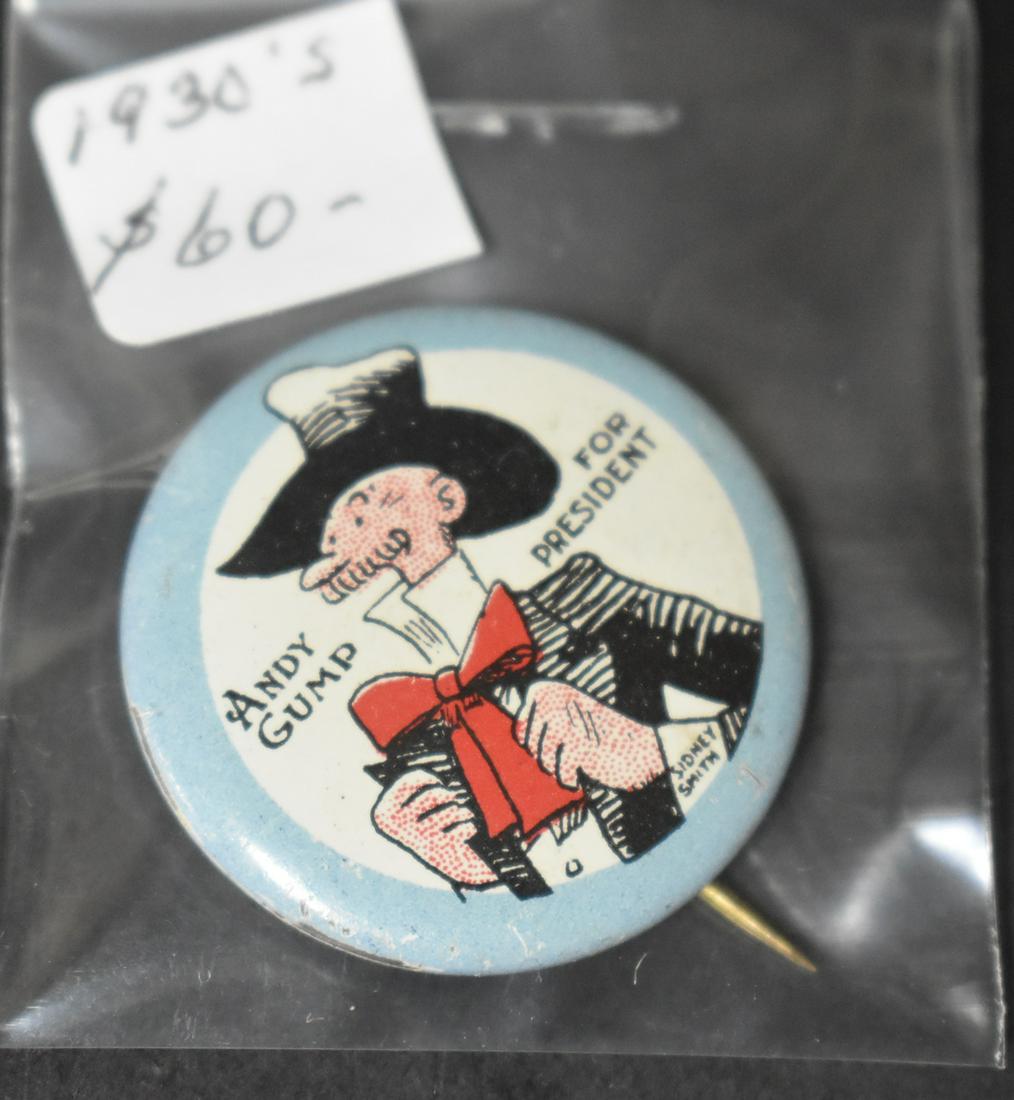1930's Pinback Andy Gump for President: Sidney Smith Gumps cartoonist