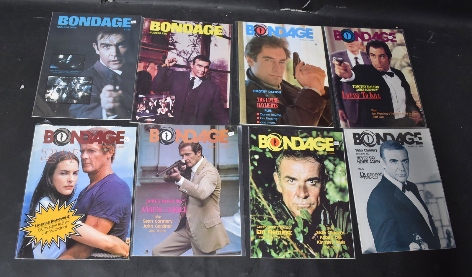 James Bond Bondage Magazines (8): Issues 916 of Bondage Magazine, all of which are about the James Bond films.