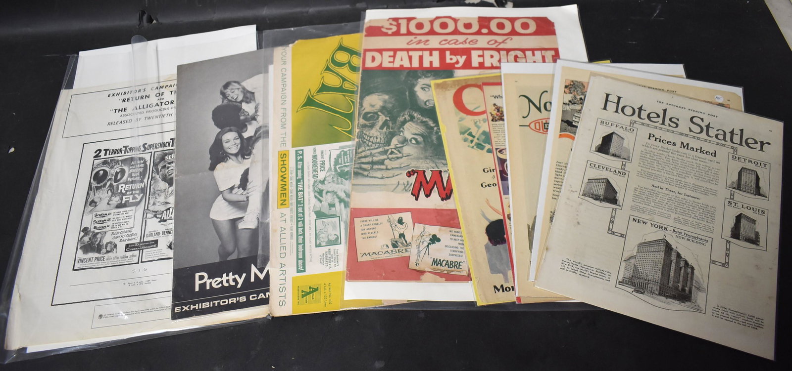 Collector's Lot of Antique Ephemera (10): Dupont Advertisement; Caterpillar advertisement; Hotels Statler Advertisement (all from the Saturday Evening Post); Borden's Advertisements (2); Collier's 1930 cover; Macabre ad ($100 in case of death