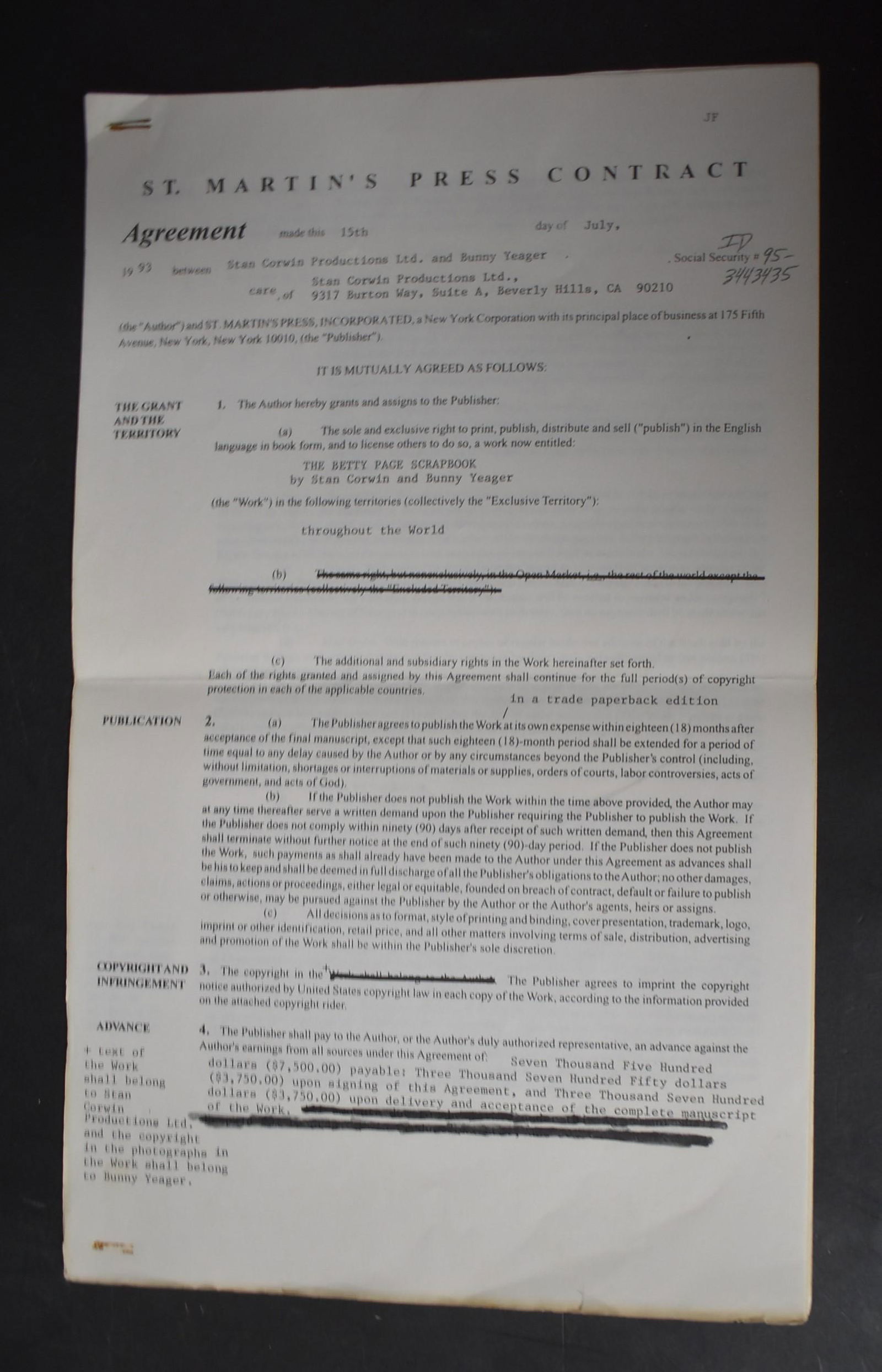 Bunny Yeager Signed Contract. St. Martin's Press (1 of 2)