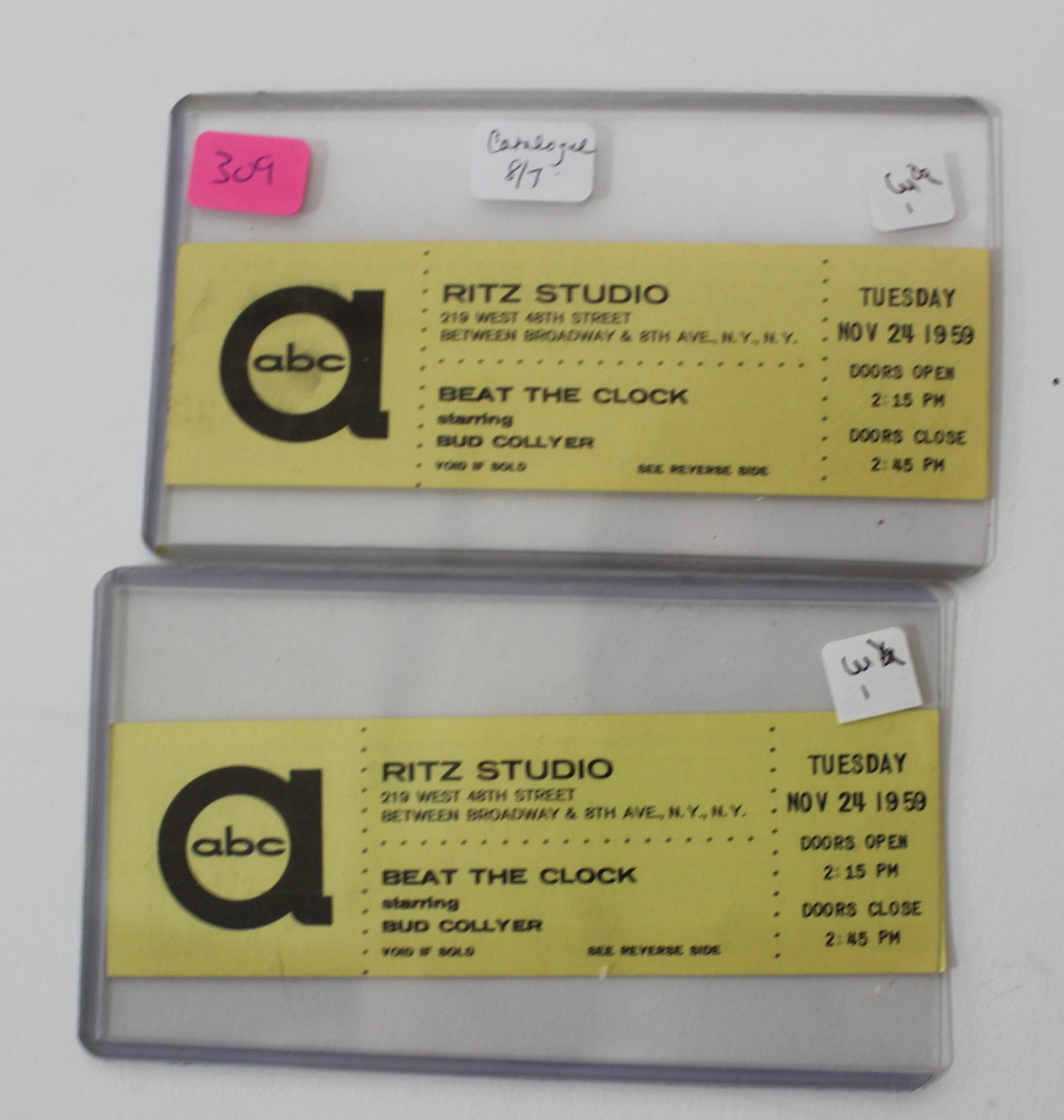 Pr. of Ritz Studio Tickets "Beat the Clock": ABC Ritz studio Nov 24 1959. Beat the Clock starring Bud Collyer.