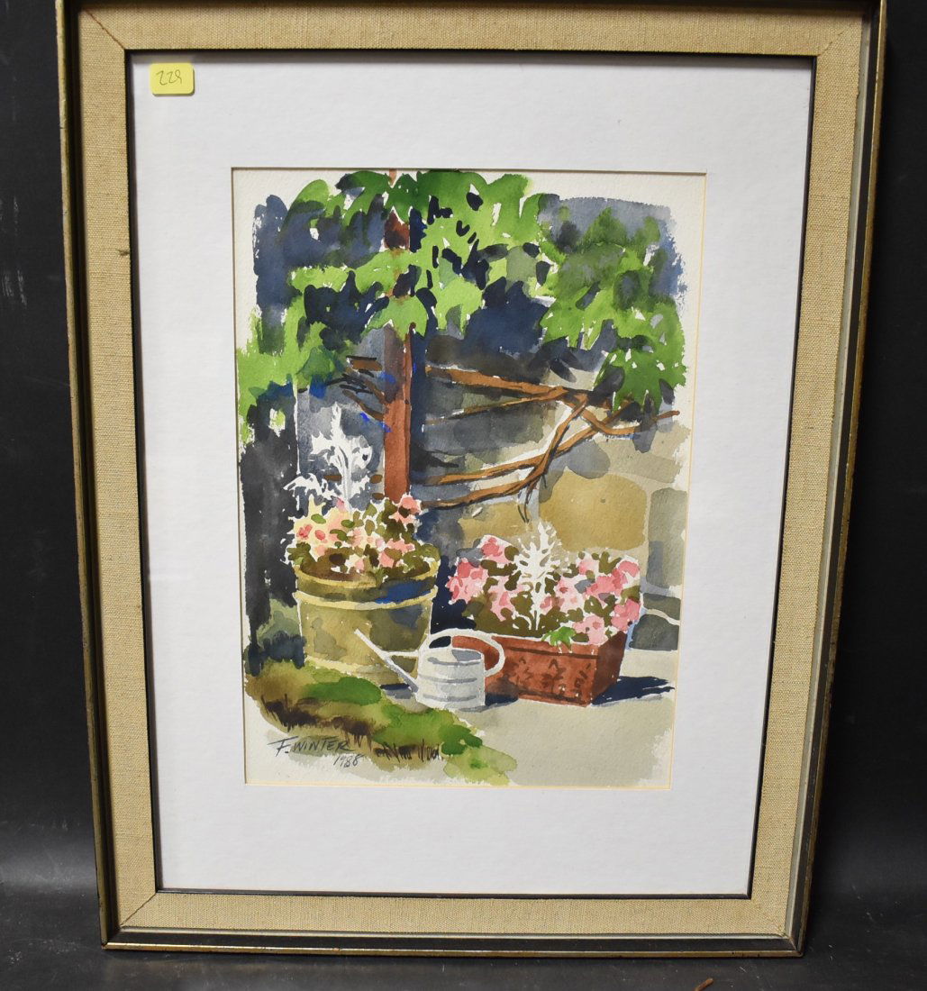 F. Winter. Watercolor. Geraniums. Sgd. 1988 (1 of 2)