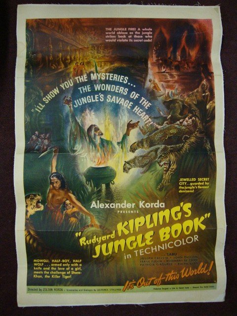JUNGLE BOOK MOVIE POSTER: Kodak presents Rudyard Kipling's Jungle Book, United Artists, 1942 1S LB, Sabu, Calleia, Qualen, Paglia, Decamp, 27X41 F