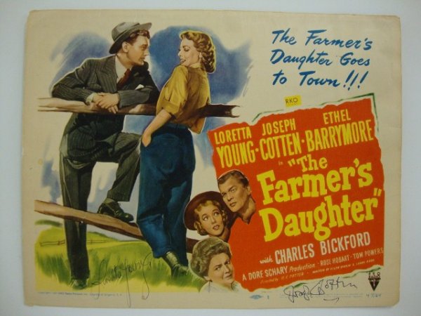 THE FARMER'S DAUGHTER TITLE CARD SIGNED: RKO, 1947 Signed by Loretta Young and Joseph Cotton 11x14 F