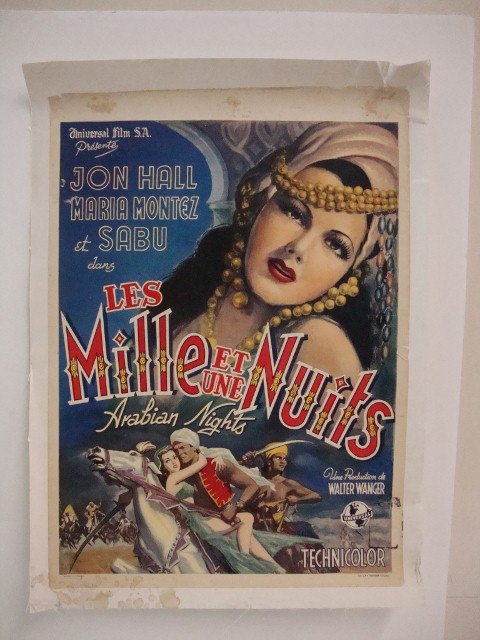 ARABIAN NIGHTS MOVIE POSTER: Belgian version. Les Mille et une Nuits, Universal, L.B., Hale Montez, Sabu 14x 19 1/2 F (some staining bottom margin slight creasing)