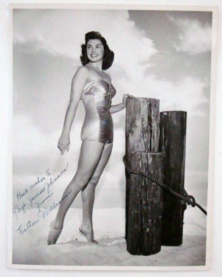 MGM PUBLICITY PHOTO ESTHER WILLIAMS ISP: Inscribed Best wishes to Staff Sergeant James Johnson from Esther Williams. With publicity snipe at the back for Miilion-Dollar Mermaid and "On an Island With You" , Esther Williams next film, with a