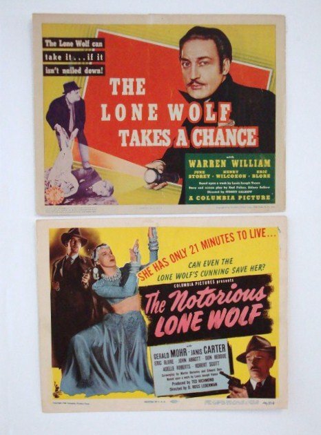 LONE WOLF TITLE CARDS (2): THE LONE WOLF TAKES A CHANCE Columbia, 1941, Storey, Wilcoxon, Blore 11x 14 F (pinholes) THE NOTORIOUS LONE WOLF Columbia, 1946 Gerald Mohr, Janis Carter 11x14 VF