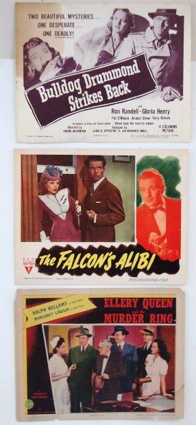 TWO LOBBY CARDS AND A TITLE CARD: ELLERY QUEEN AND THE MURDER RING, Columbia, Bellamy, Lindsay, 11x 14, F (nips in margin & corners) THE FALCON'S ALIB I RKO 1946 11 x 14 VF, BULLDOG DRUMMOND STRIKES BACK Columbia, 1947 Randall, Henry 