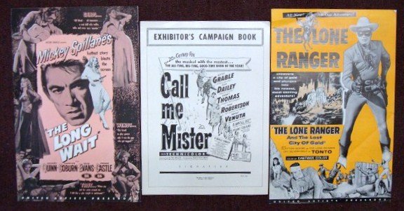 PRESSBOOKS AND EXHIBITORS CAMPAIGN BOOKS (3): The Lone Ranger (And the Lost City of Gold), United Artists 1958, The Long Wait, United Artists, 1954, Call Me Mister, 20th Century Fox, 1951