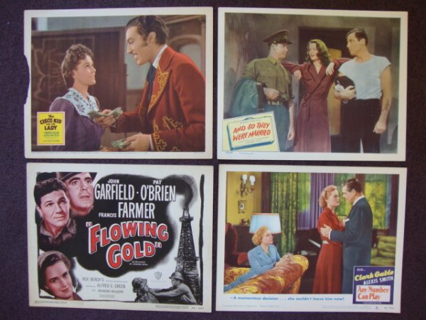 FOUR LOBBY CARDS 1930'S - 1940'S: The Cisco Kid and the Lady, 20th C. Fox, 1939. ROMERO. (substantial tear with paper loss at left side of card); Flowing Gold, Warner Bros, 1948. GARFIELD, O'BRIEN, FARMER. 48/1151; And So They Were Ma