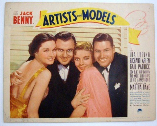 ARTISTS AND MODELS TITLE CARD: Paramount, 1937, Benny, Lupino, Arlen, Patrick and with Judy Canova, Louis Armstrong, & Martha Raye 11x 14 VF-F (some staining in margins & 2 pinholes)