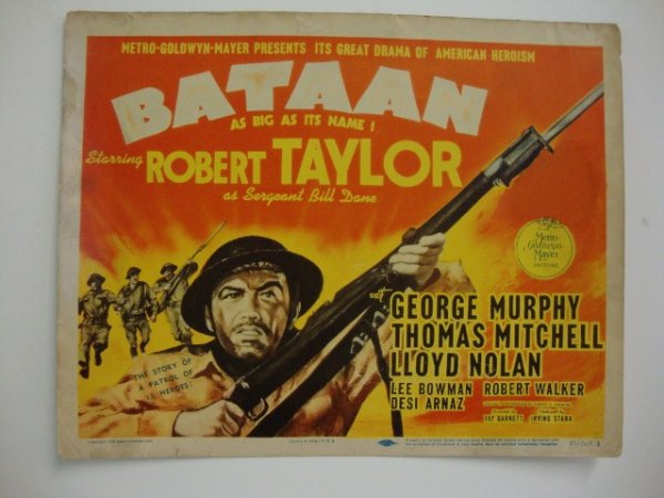 BATAAN TITLE CARD AND LOBBY CARD: MGM, 1943 TC and LC, Robert Taylor, Murphy, Mitchell, Nolan 11x14 "Once a deserter-now a hero!" F (TC) VF-F (LC)