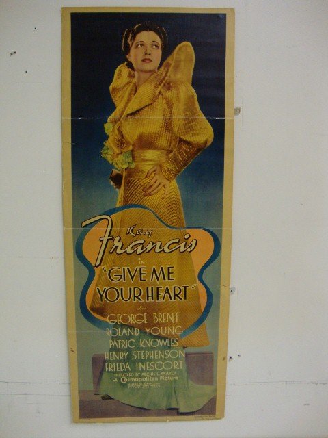 GIVE ME YOUR HEART INSERT: Cosmopolitan Picture. Warner Bros. 1936. Kay Francis, Brent, Young. 14" x 36"