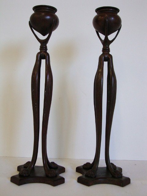 PAIR OF BRONZE CANDLESTICKS TIFFANY STUDIOS: Tiffany StudIo candlesticks, paw foot , marked "Tiffany StudIos New York 8692", removable bobeches