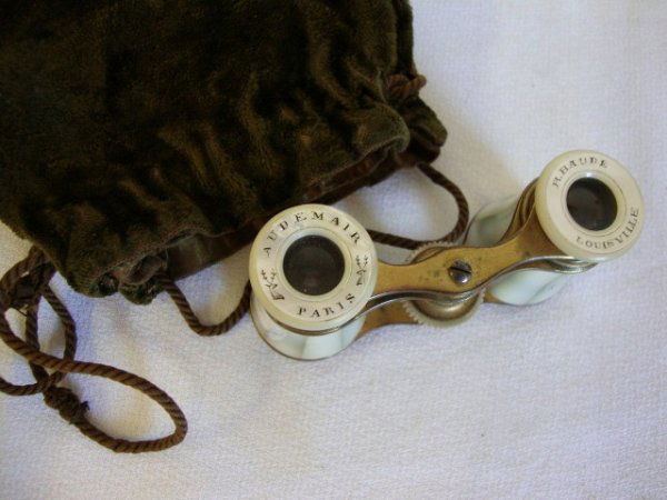 MOTHER OF PEARL FRENCH OPERA GLASSES: Audemair Paris and R. Baude, Louisville, in a silk lined velvet Victorian bag
