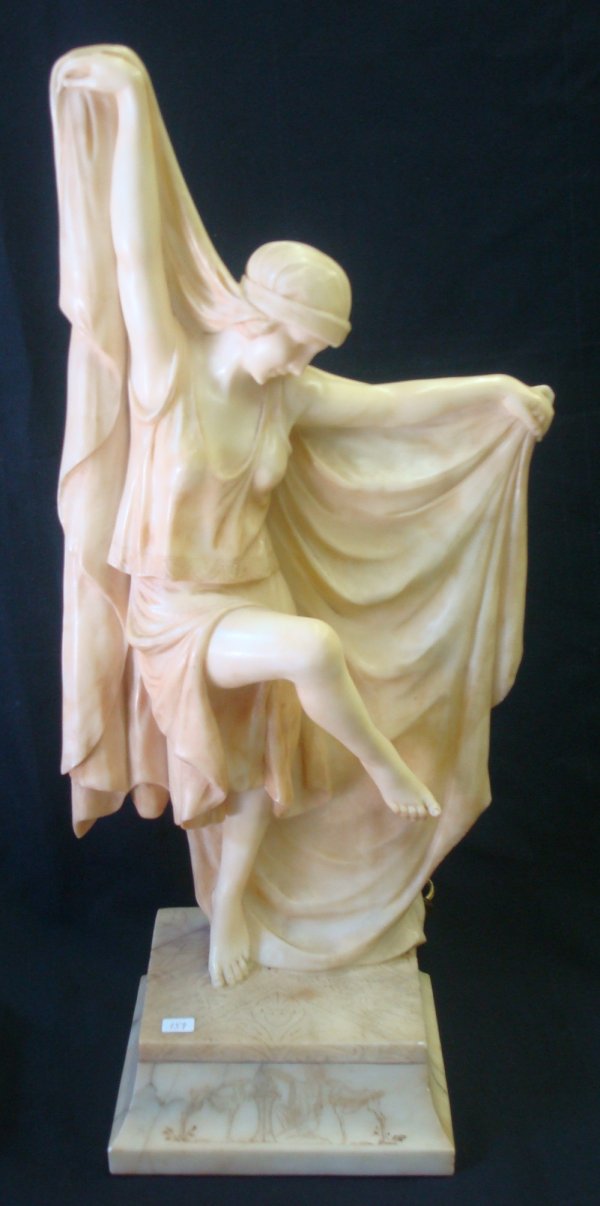 T. PEROLI; ART DECO ALABASTER LAMP: alabaster, Art Deco figural lamp with dancer signed and inscribed "Firenze"; 25 in. H.
