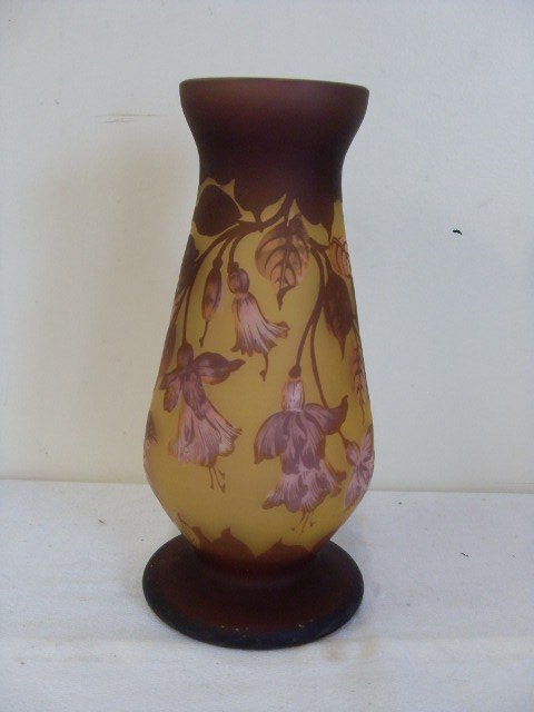 GALLE VASE: Floral decorated pedestaled vasel. Mulberry cut to cream. Sgd. Galle.