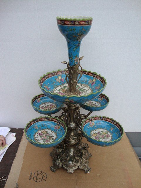 BRONZE ART NOUVEAU STYLE EPERGNE: Multi-Tiered bronze and porcelain, 26 1/2"H. 18"W.