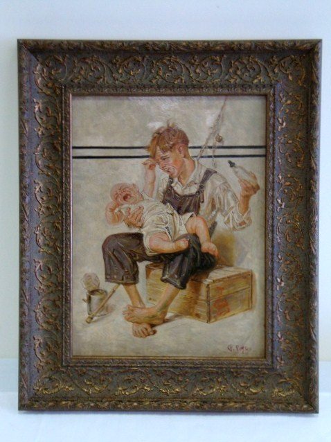 PAINTING AMERICAN ILLUSTRATION: Oil on panel, illustration, interrupted young fisherman attempts to feed the baby. After Rockwell or Leyendecker for a Saturday Evening Post cover. Signed lower right, R. P. Poyser. Gilt frame 16" x 1