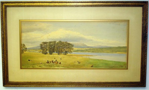 WILLIAM TROST RICHARDS; WATERCOLOR PAINTING SIGNED: watercolor on board, pastoral landscape with cows signed L.R.; 9 in. x 20 in.