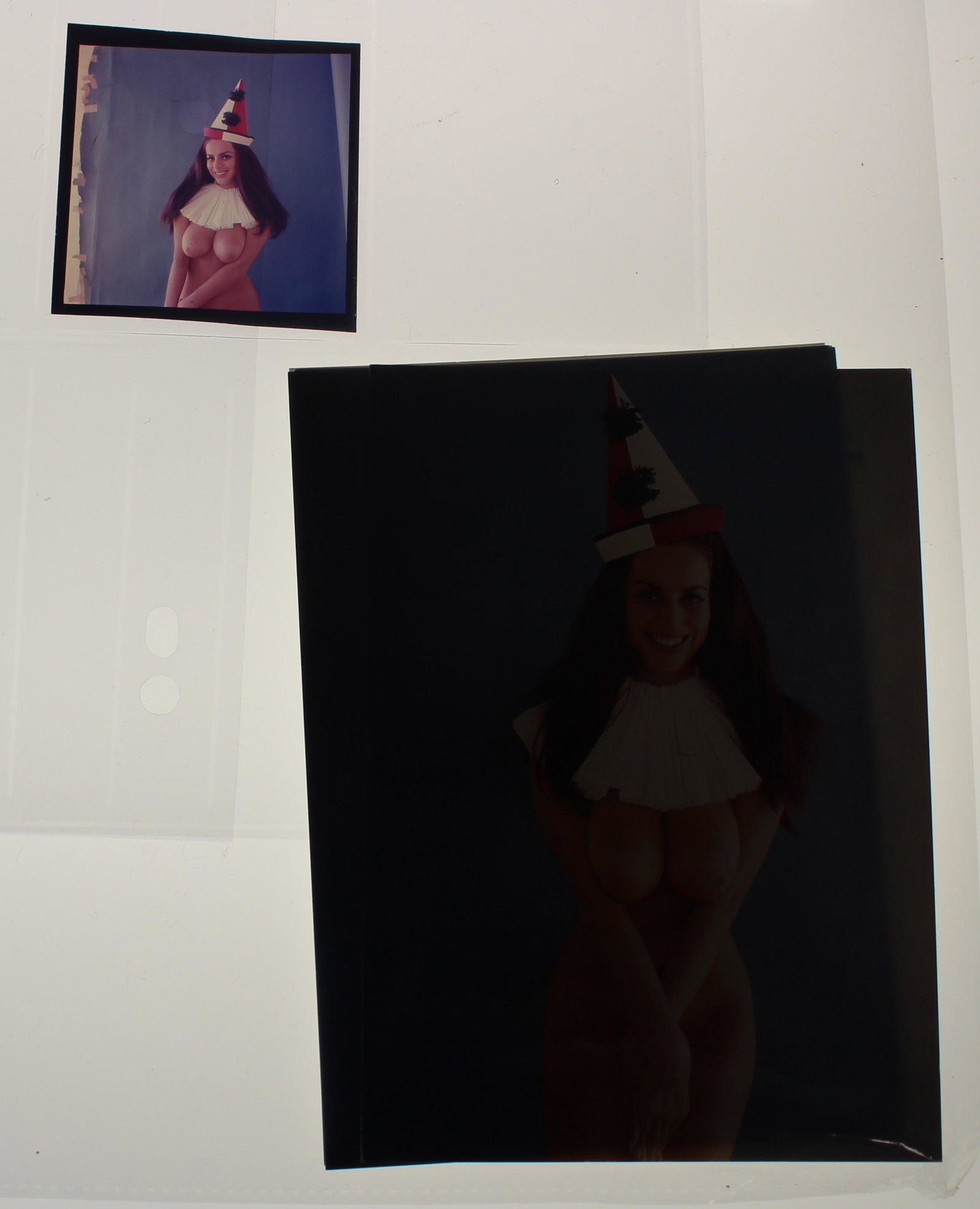 (10) "The Girl In The Hat " Series Cards. (1): (10) "Girl In THe Hat Series Cards" (1) Transparency Ruth Anderson No. #1 The Clown. By Bunny Yeager Photography.