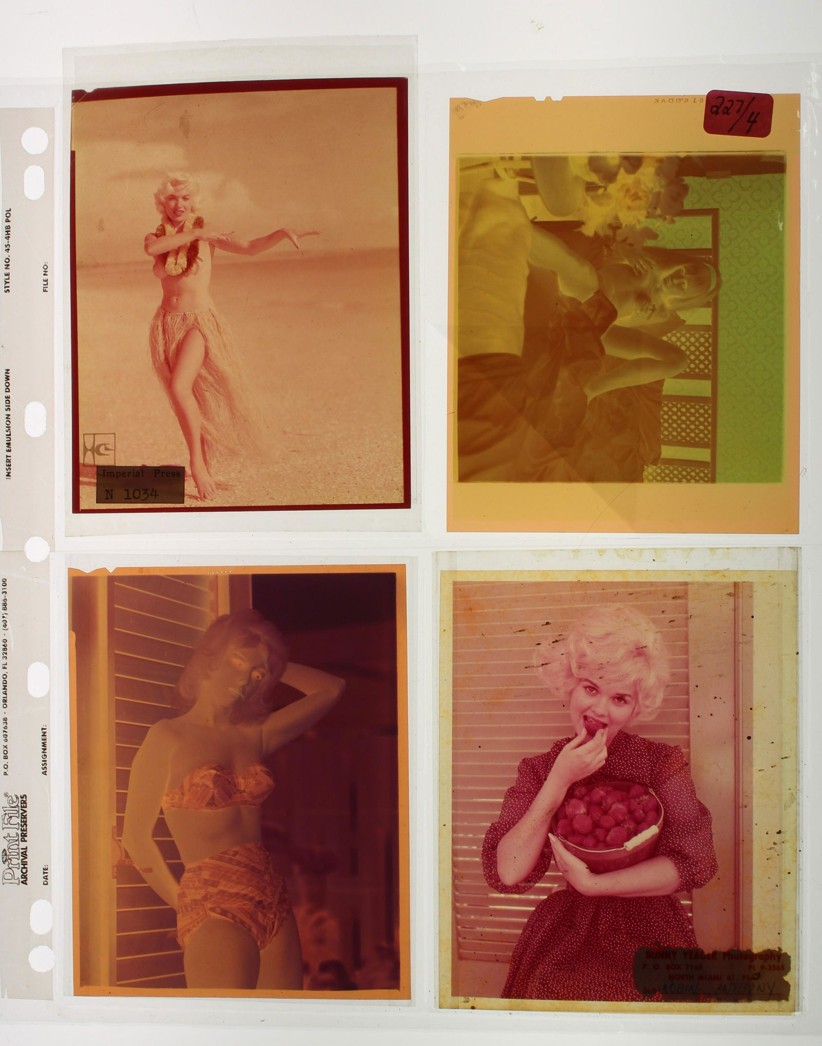 (4) 4x5 Transparencys: (4) Transparencys 4x5. Models Robin Anthony, Lisette Willoughby. With Imperial Press. Label. By Bunny Yeager Photography.