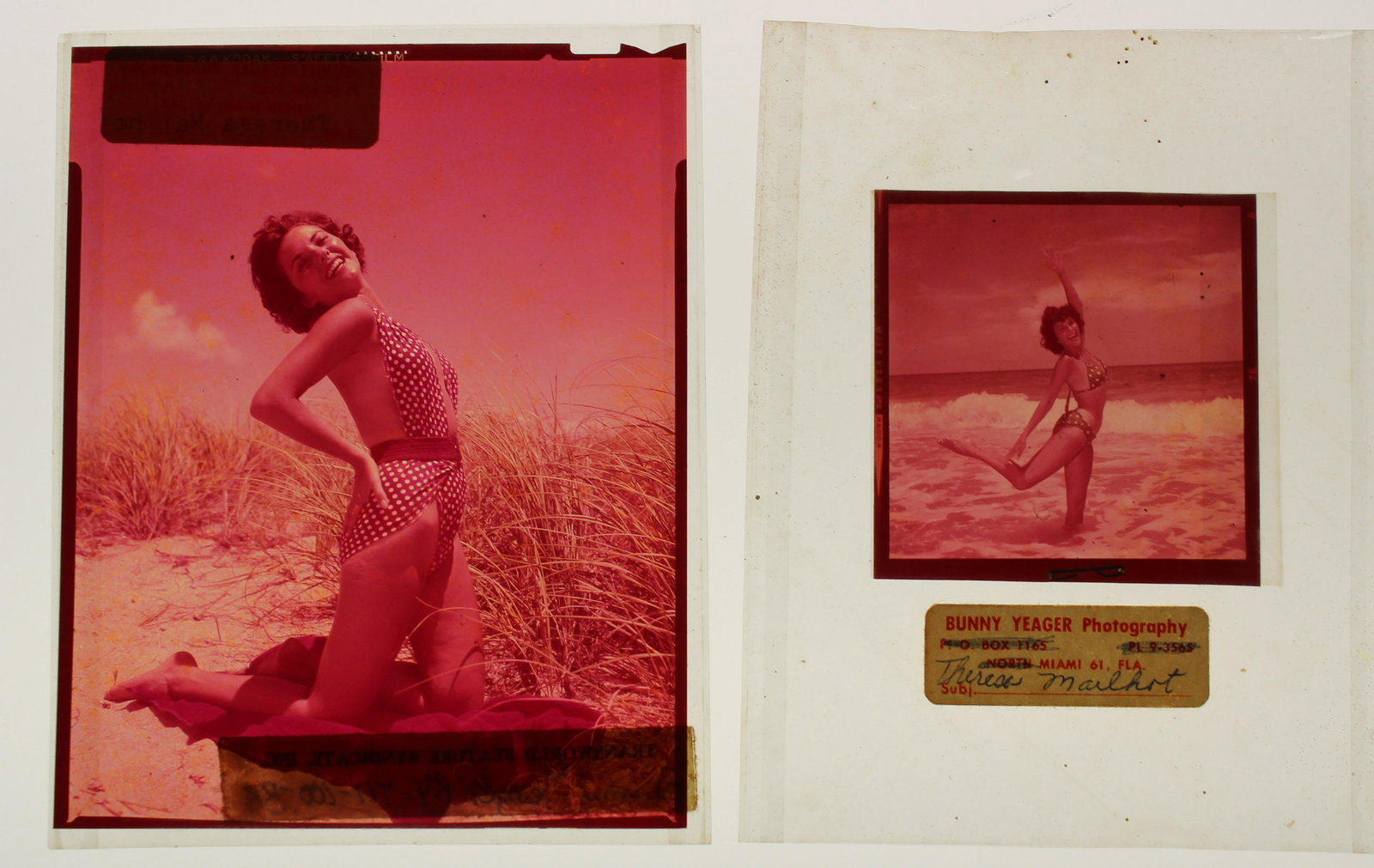 (1) 3x3 (1)4x5 Transparency's: (2) Trasparency's (1) 3x3 (1) 4x5 of Model Theresa MailHot. By Bunny Yeager Photography.
