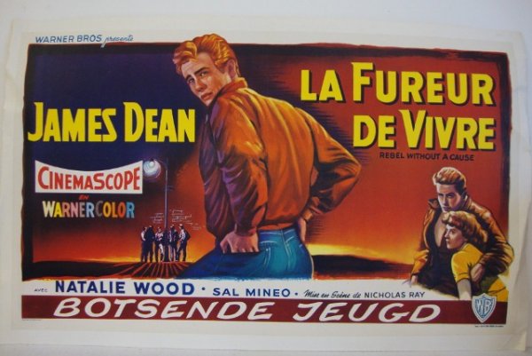 REBEL WITHOUT A CAUSE MOVIE INSERT: Warner Bros., 1955. James Dean, Wood, Mineo. Belgium, linen backed. 13 x 22 VF-F