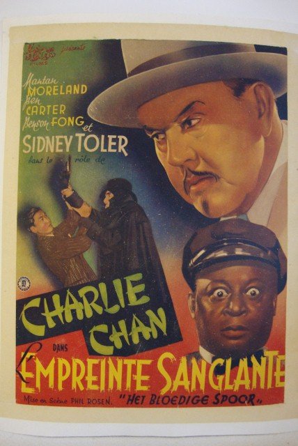DARK ALIBI - CHARLIE CHAN- FRENCH VERSION: L'Empreinte Sanglante. "Het Bloedig Spoor" The Bloody Imprint. 1946 French version. Sidney Toler. Linen backed. 11-1/2 x 13-3/4 VF-F