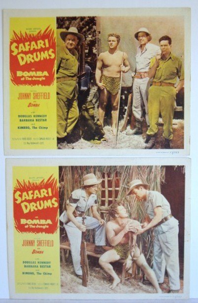 TWO TITLE CARDS SAFARI DRUMS-BOMBA OF THE JUNGLE : Safari Drums with Bomba of the Jungle, Allied Artists, 19__. Sheffield. #'d 53/393. Both are 11 x 14. Both are VF