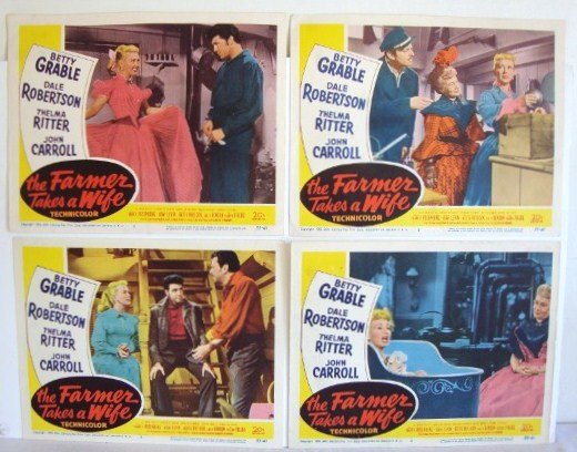 FOUR THE FARMER TAKES A WIFE LOBBY CARDS: 20th C. Fox, 1952. Grable, Robertson, Ritter, Carroll. No's 2,3 7 & 8. #'d 53-41. All 11 x 14. All VF