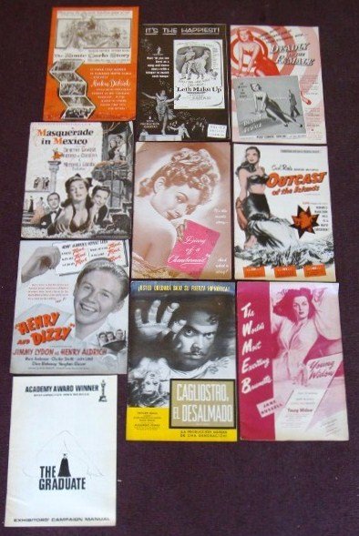 TEN PRESSBOOKS: Diary of a Chambermaid, United Artists, 18 pages; Outcast of the Islands, United Artist, 15 pages; Masquerade in Mexico, Paramount, 22 pages; Henry and Dizzy, Paramount, 14 pages; Cagliostro, el Desal