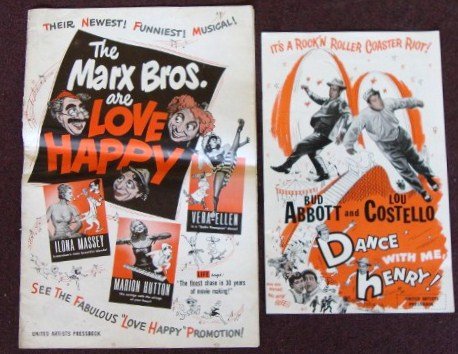 TWO PRESSBOOKS: Dance With Me Henry (Abbott & Costello) United Artists, 11 pages; Love Happy (Marx Bros.) United Artists, folded