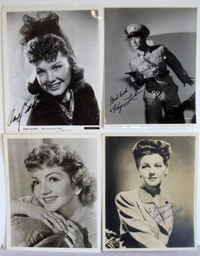 AUTOGRAPHED PUBLICITY PHOTOS: Anne Baxter - Signed in black ink.; Keye Luke as Captain Wing Lee in Universal's Adventures of Smilin Jack. Typed publicity snipe at back. Signed Good Luck Keye Luke. ;Claudette Colbert - signed in bl