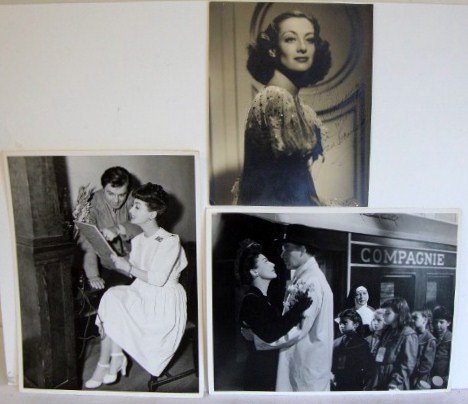JOAN CRAWFORD GLAMOUR ISP & TWO OTHERS: Inscribed in blue ink To Eva, Blessings from Joan Crawford. 7-3/4 x 9-3/4 VF-F; together with Joan Crawford candit with her husband Phillip Terry, at the American Women's Volunteer Services Nursery. T