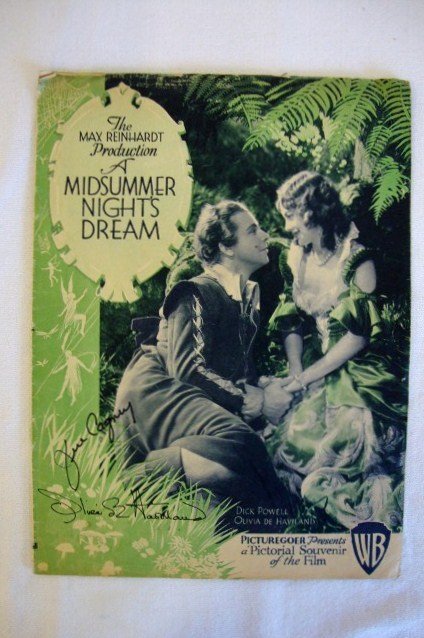 PICTUREGOER BOOK WITH AUTOGRAPHS: Picturegoer presents a Pictorial Souvenir of the Max Reinhardt production of Mid-Summer Night's Dream. Cover - Dick Powell and Olivia deHavilland. Autographed in black ink, Jim Cagney and Olivia deHav