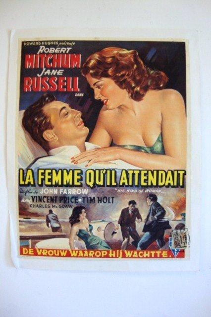 HIS KIND OF WOMAN - BELGIAN VERSION: La Femme Qu'il Attendant. RKO, 1951. Robert Mitchem, Jane Russell, Vincent Price. 14 x 18. Linen backed. VF-F