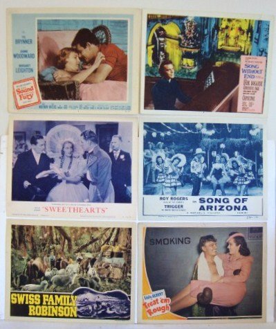 SIX LOBBY CARDS: Song Without End. Columbia, 1960. Bogart, Page; The Sound and The Fury, 20th C. F ox, 1959. Brynner, Woodward; Song of Arizona. Republic, R-54. Rogers, Trigger; Sweethearts, MGM, 1962; Swiss Family Ro