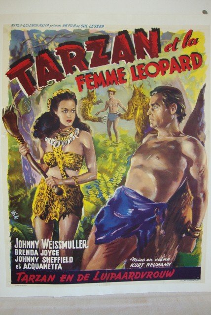 TARZAN AND THE LEOPARD WOMAN MOVIE POSTER: MGM, 1946. Tarzan en de Luipaardvrouw. Johnny Weissmuller, Joyce, Sheffield.Linen backed. Belgian version. 13-3/4 x 17-3/4